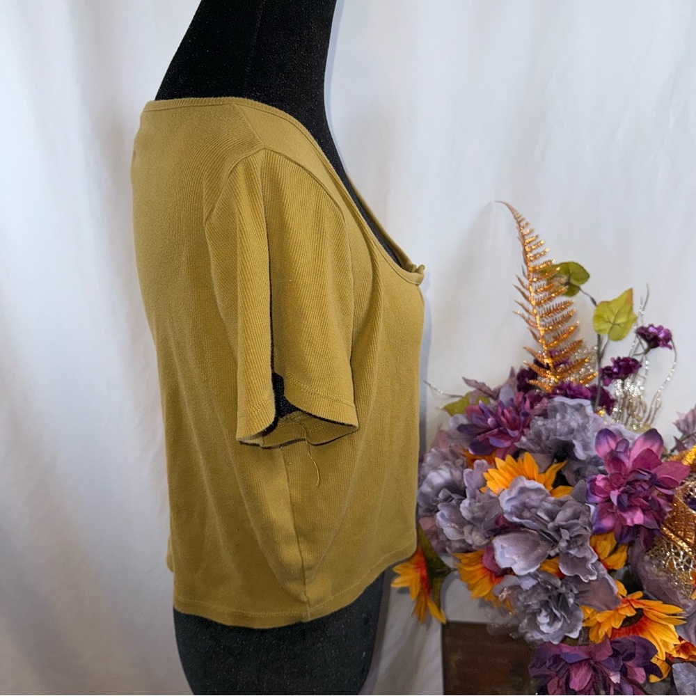 Madewell Army Green Ribbed Henley Crop Top Short Sleeve Casual Tee L - Picture 4 of 7